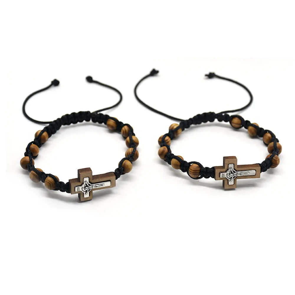 Wholesale Cross Alloy Pine Wood Beads Braided Chinese Knot Rosary Beads Bracelet