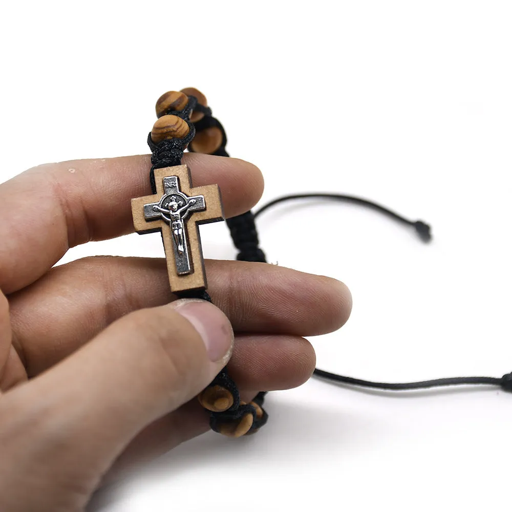 Wholesale Cross Alloy Pine Wood Beads Braided Chinese Knot Rosary Beads Bracelet