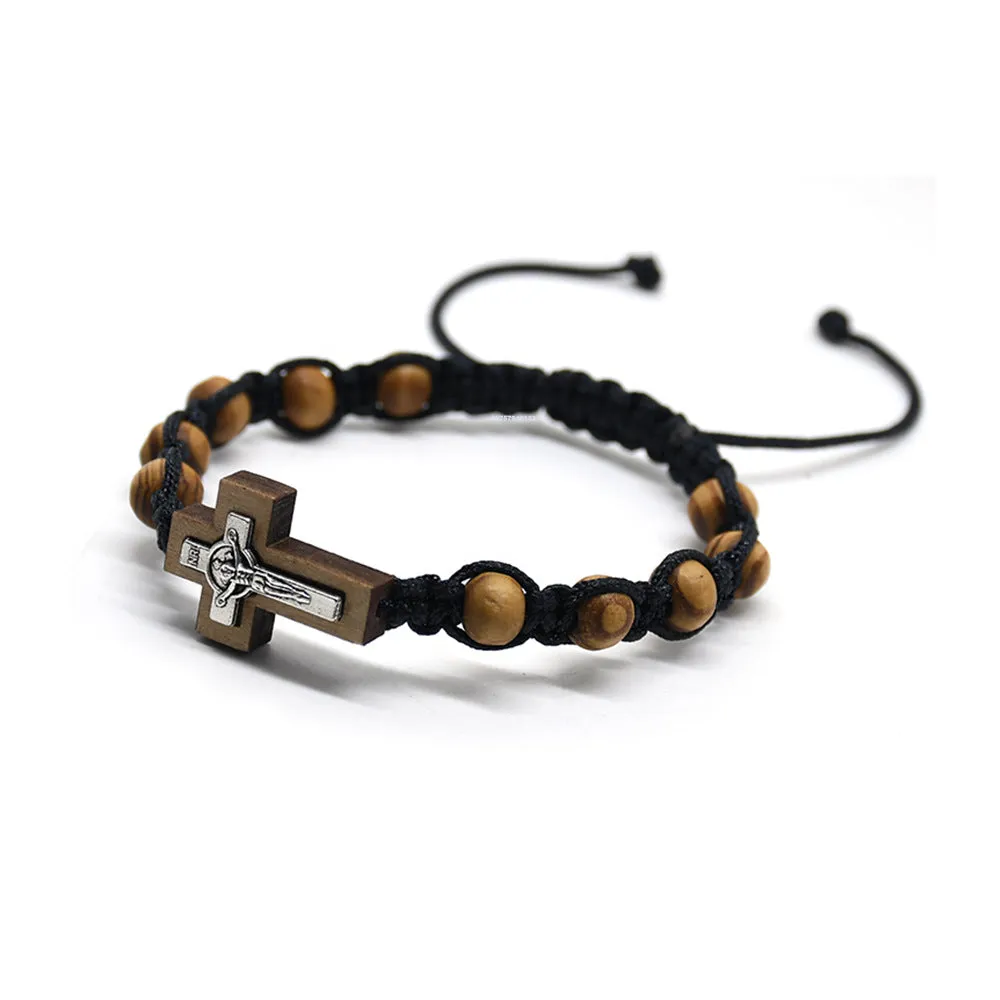 Wholesale Cross Alloy Pine Wood Beads Braided Chinese Knot Rosary Beads Bracelet