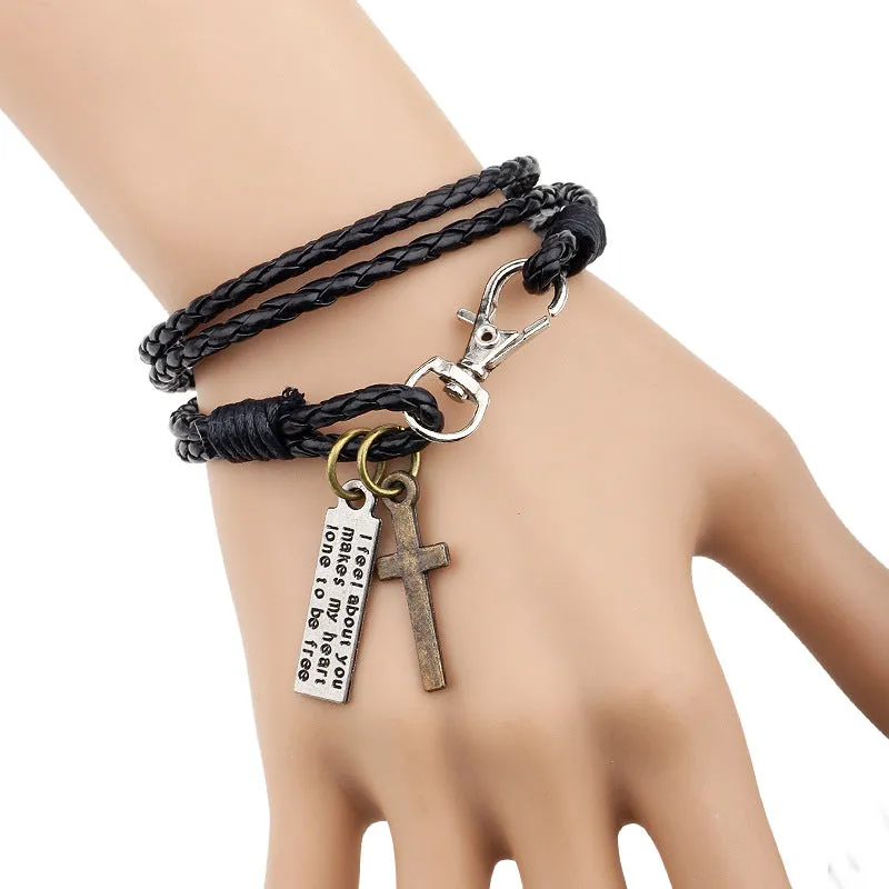Wholesale Cross Double Layer Multi-Circle Wrap Leather Bracelet