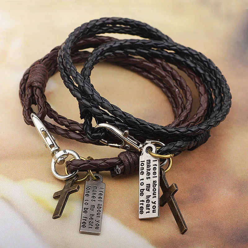 Wholesale Cross Double Layer Multi-Circle Wrap Leather Bracelet