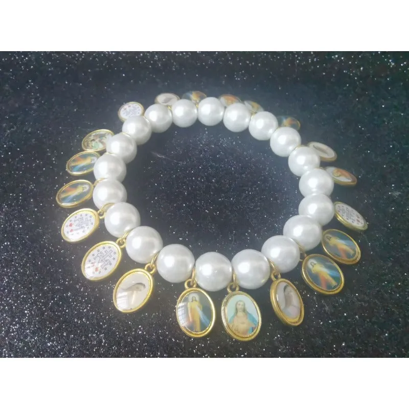 Wholesale Cross Holy Medal Decorated Imitation Pearl Bracelet