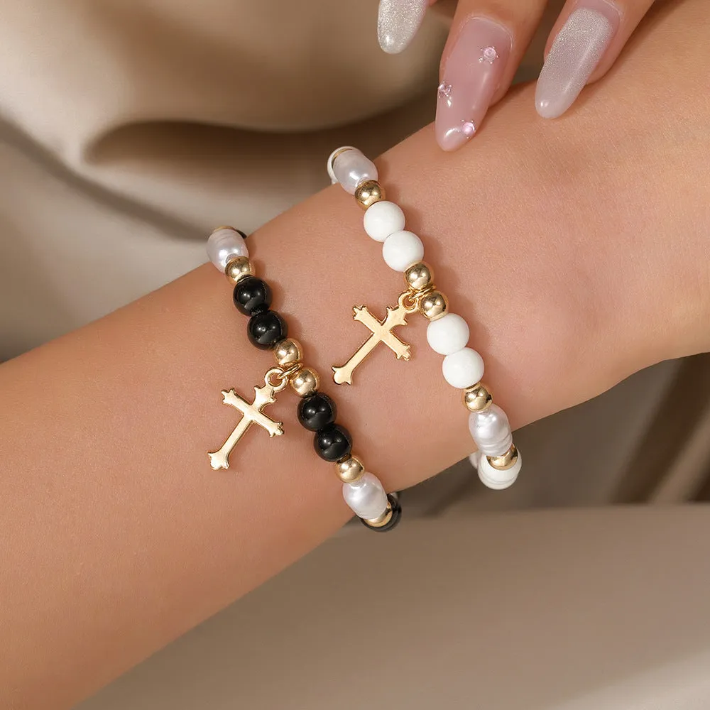 Wholesale Cross Pendant Black Onyx Imitation Pearl Beaded Bracelet