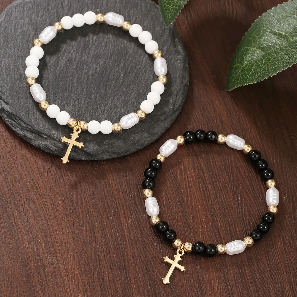 Wholesale Cross Pendant Black Onyx Imitation Pearl Beaded Bracelet