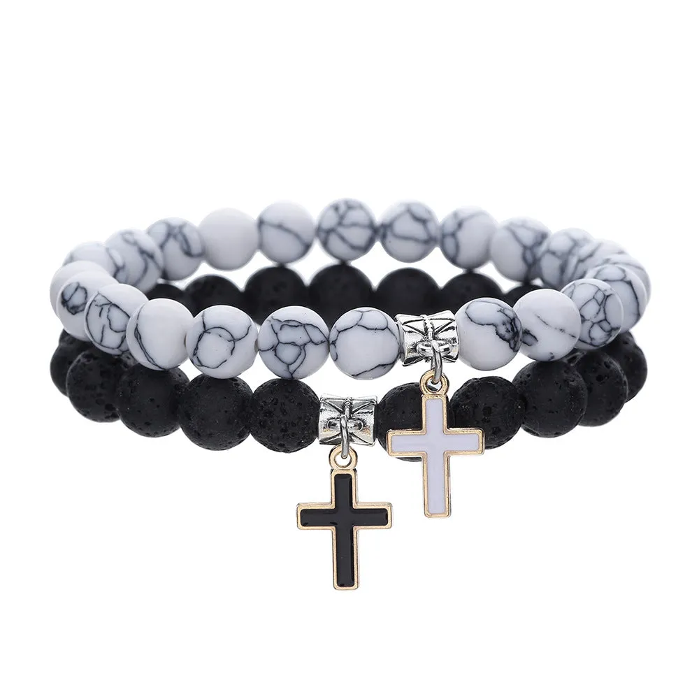 Wholesale Cross Pendant Black Onyx Imitation Pearl Beaded Bracelet