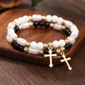 Wholesale Cross Pendant Black Onyx Imitation Pearl Beaded Bracelet