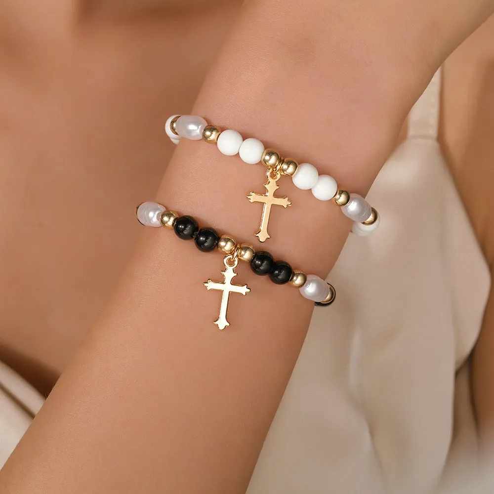 Wholesale Cross Pendant Black Onyx Imitation Pearl Beaded Bracelet