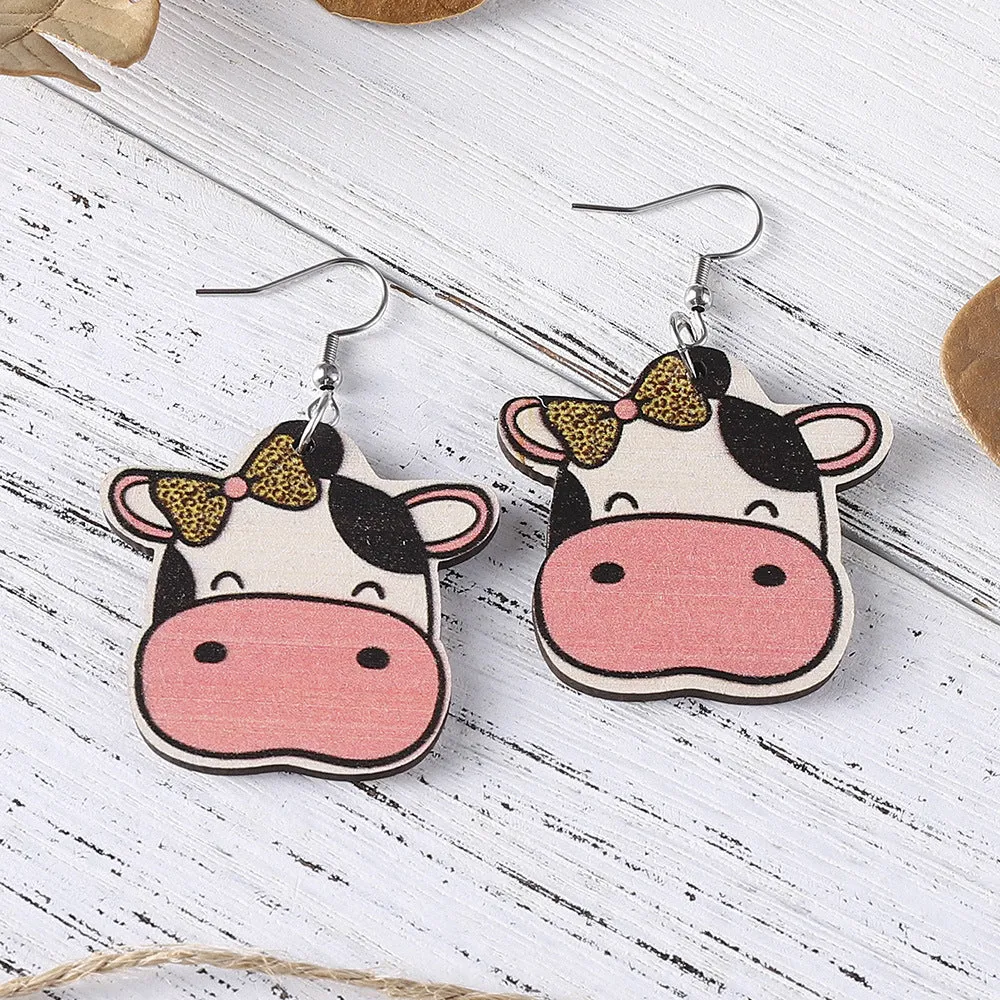 Wholesale Cute Cream Style MOM Letter Cow Pattern Cow Double-sided Wooden Earrings