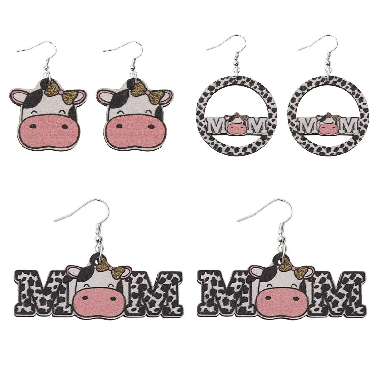 Wholesale Cute Cream Style MOM Letter Cow Pattern Cow Double-sided Wooden Earrings