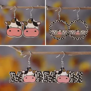 Wholesale Cute Cream Style MOM Letter Cow Pattern Cow Double-sided Wooden Earrings