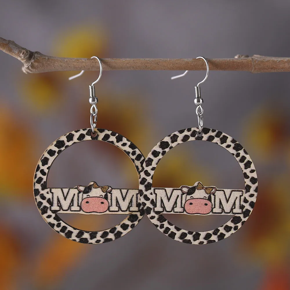 Wholesale Cute Cream Style MOM Letter Cow Pattern Cow Double-sided Wooden Earrings