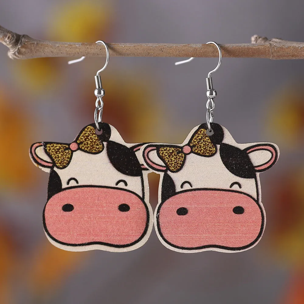 Wholesale Cute Cream Style MOM Letter Cow Pattern Cow Double-sided Wooden Earrings