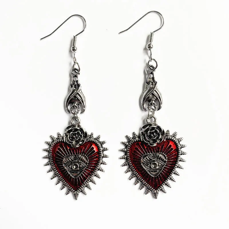 Wholesale Dark Gothic Style Wild Rose Heart Shaped Blood Eye Oil Drop Bat Earrings