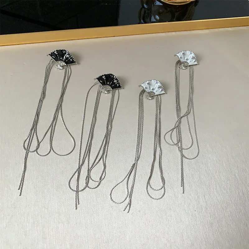 Wholesale Design Enamel Fan Tassel New Chinese Style Retro Temperament Personality Earrings Ear Studs