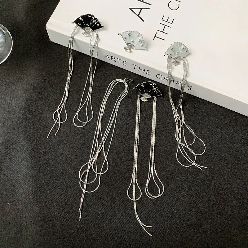 Wholesale Design Enamel Fan Tassel New Chinese Style Retro Temperament Personality Earrings Ear Studs