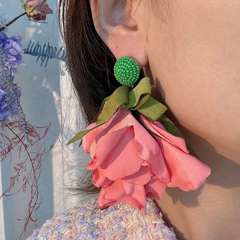 Wholesale Design Fabric Exaggerated Bow Flower Earrings