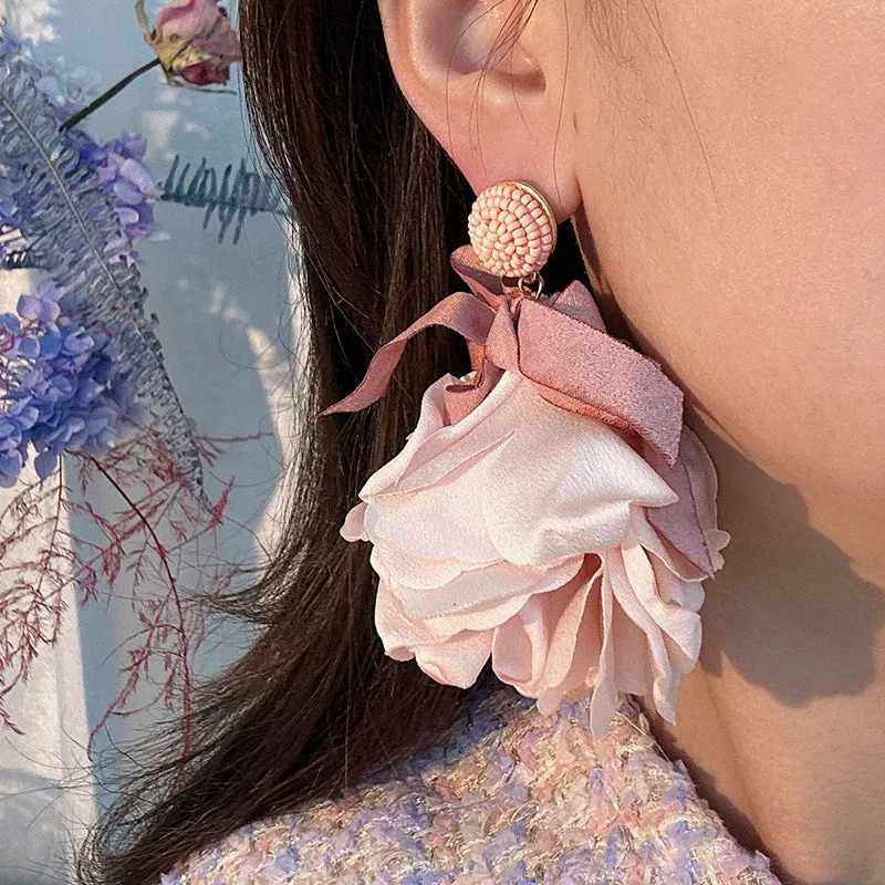 Wholesale Design Fabric Exaggerated Bow Flower Earrings