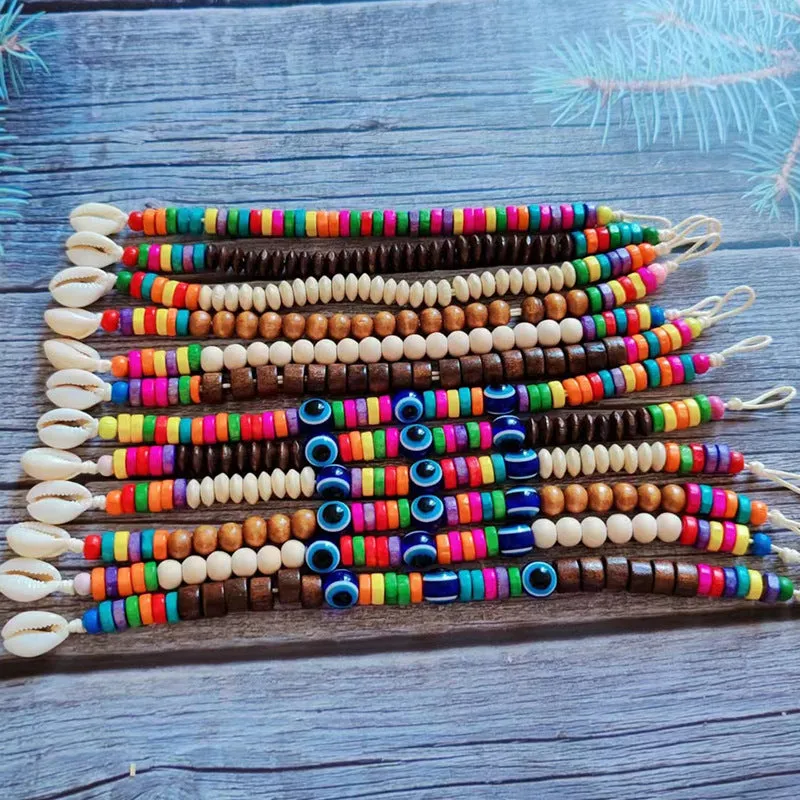 Wholesale Devil's Eye Colored Wood Beads Natural Shell Bracelet Rope