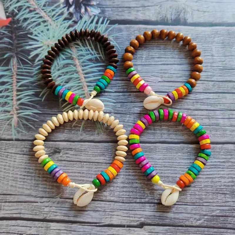 Wholesale Devil's Eye Colored Wood Beads Natural Shell Bracelet Rope