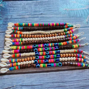 Wholesale Devil's Eye Colored Wood Beads Natural Shell Bracelet Rope