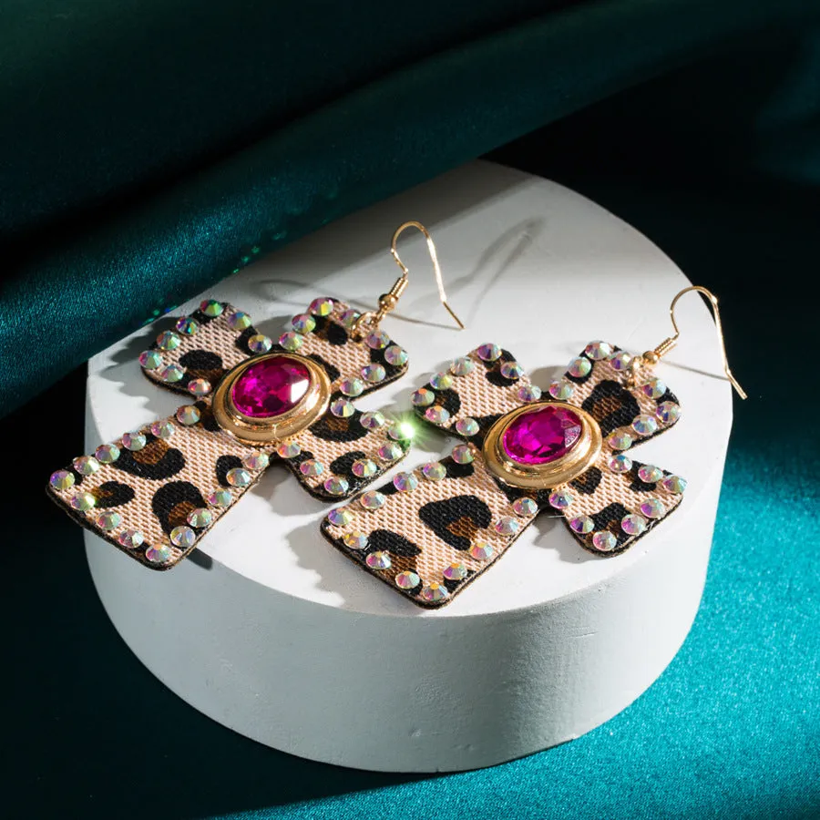 Wholesale Diamond Cross Leopard Print Leather Earrings