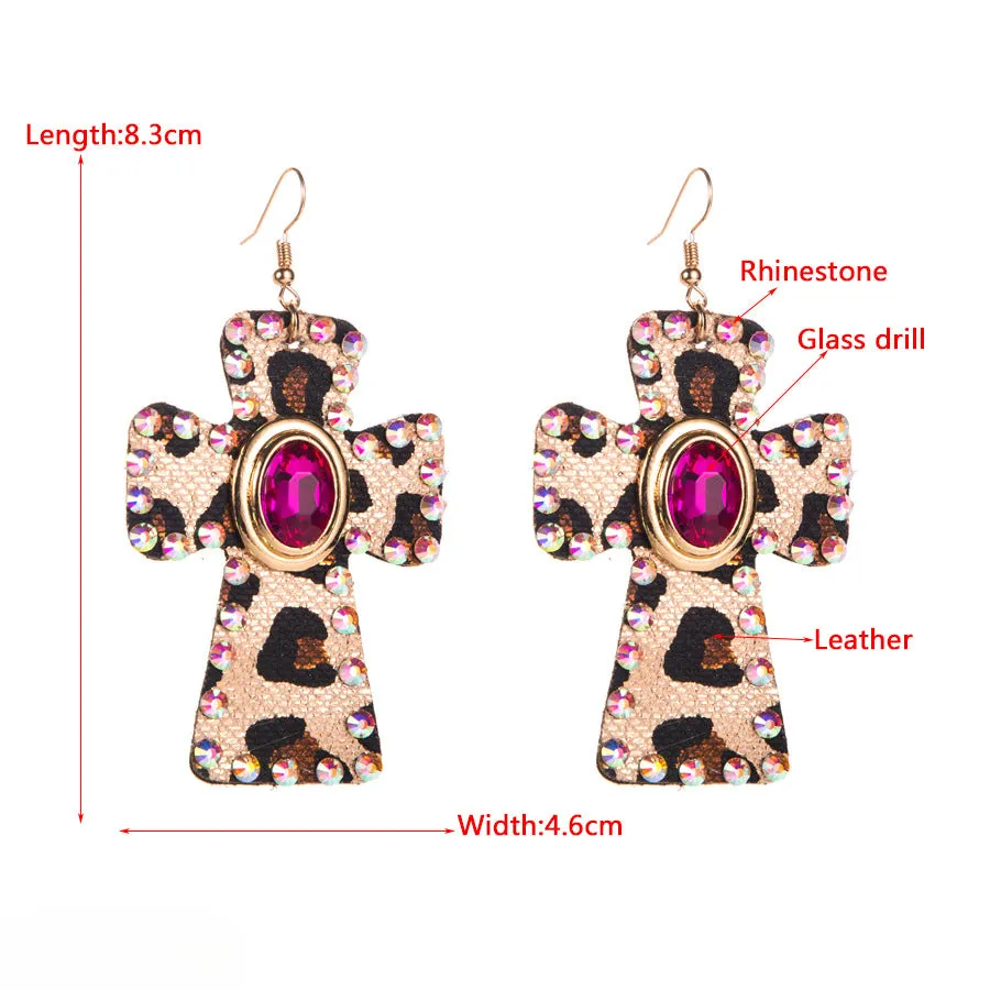 Wholesale Diamond Cross Leopard Print Leather Earrings