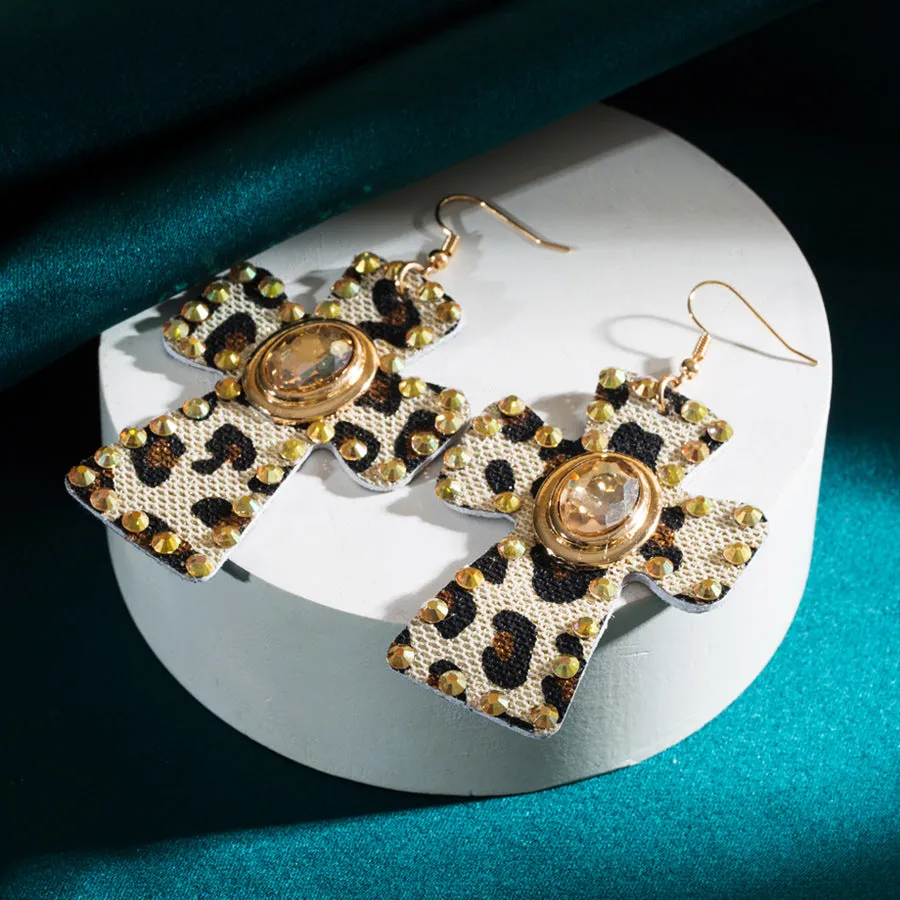 Wholesale Diamond Cross Leopard Print Leather Earrings