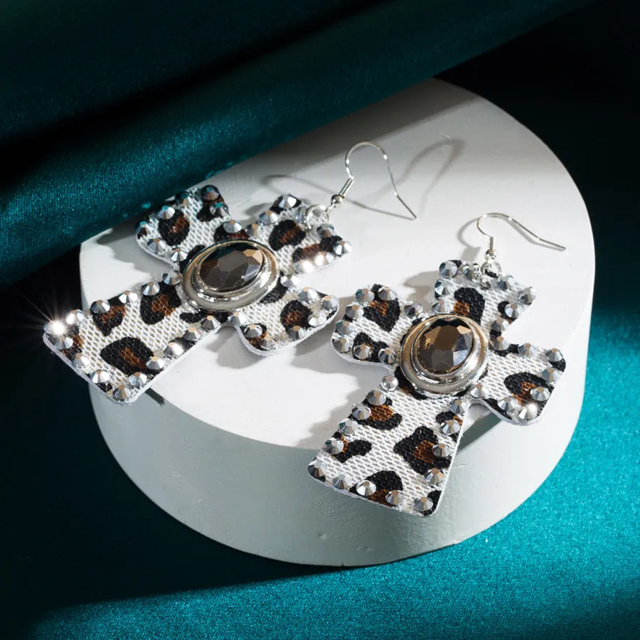 Wholesale Diamond Cross Leopard Print Leather Earrings
