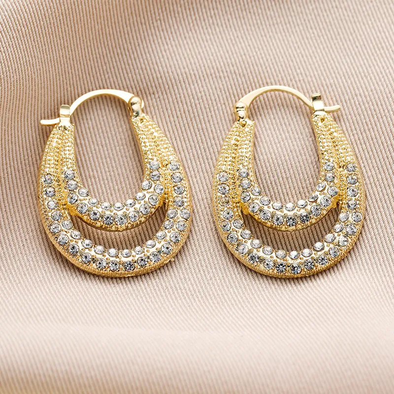 Wholesale Diamond Inlaid U-shaped Geometric Double-layer Metal Ear Buckle