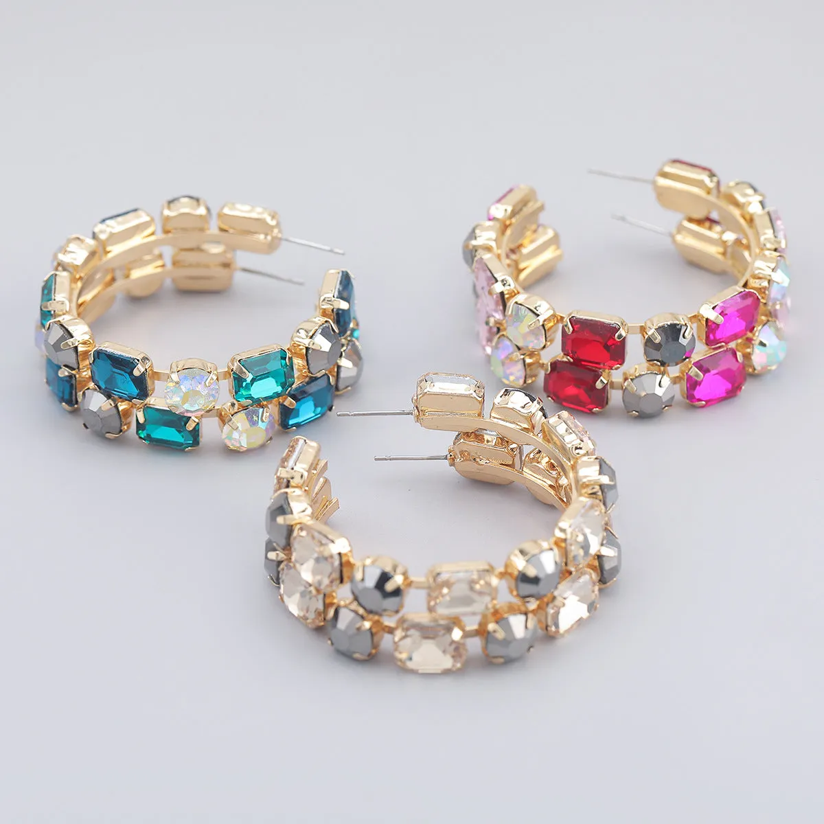 Wholesale Diamond Square Glass Diamond Circle Alloy Earrings