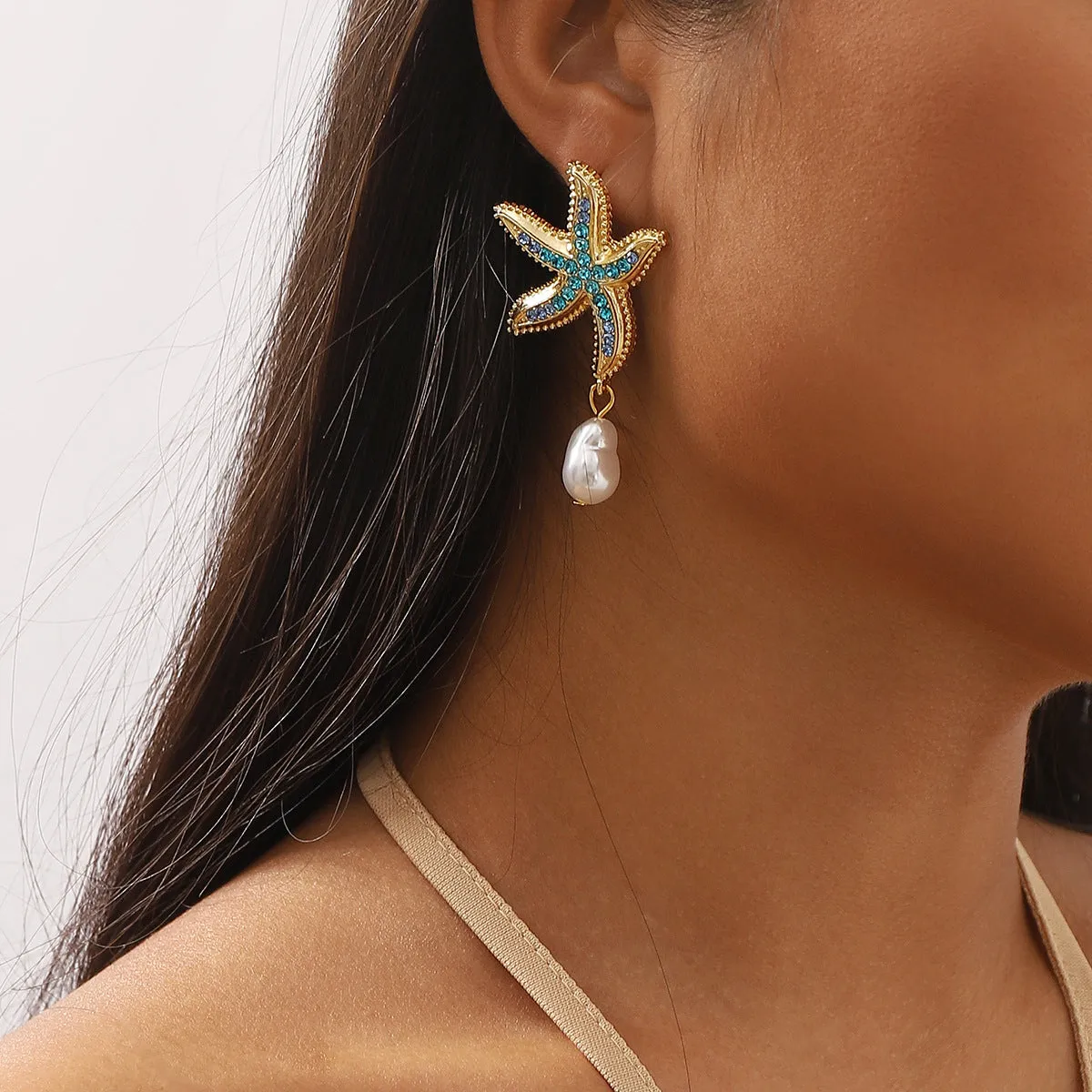 Wholesale Diamond Starfish Ocean Style Alloy Earrings