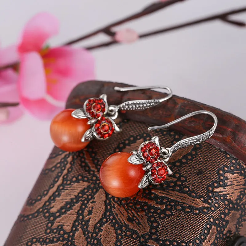 Wholesale Diamond-studded Opal Owl Alloy Earrings