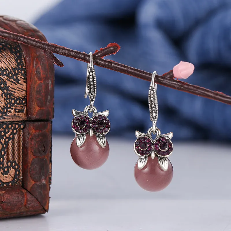 Wholesale Diamond-studded Opal Owl Alloy Earrings