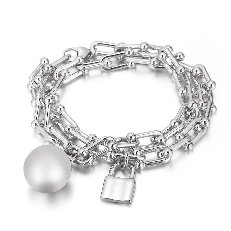 Wholesale Double Layer Horseshoe Ball Gold Plating Steel Bracelet