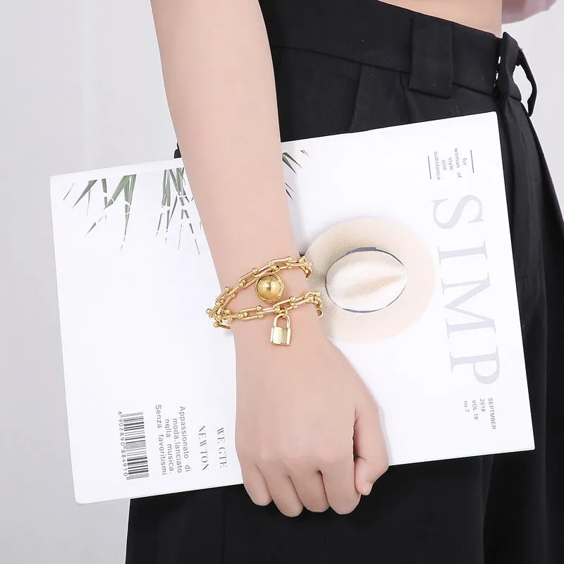 Wholesale Double Layer Horseshoe Ball Gold Plating Steel Bracelet