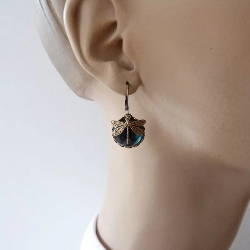 Wholesale Dragonfly Green Crystal Pendant Alloy Earrings