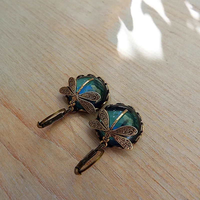 Wholesale Dragonfly Green Crystal Pendant Alloy Earrings