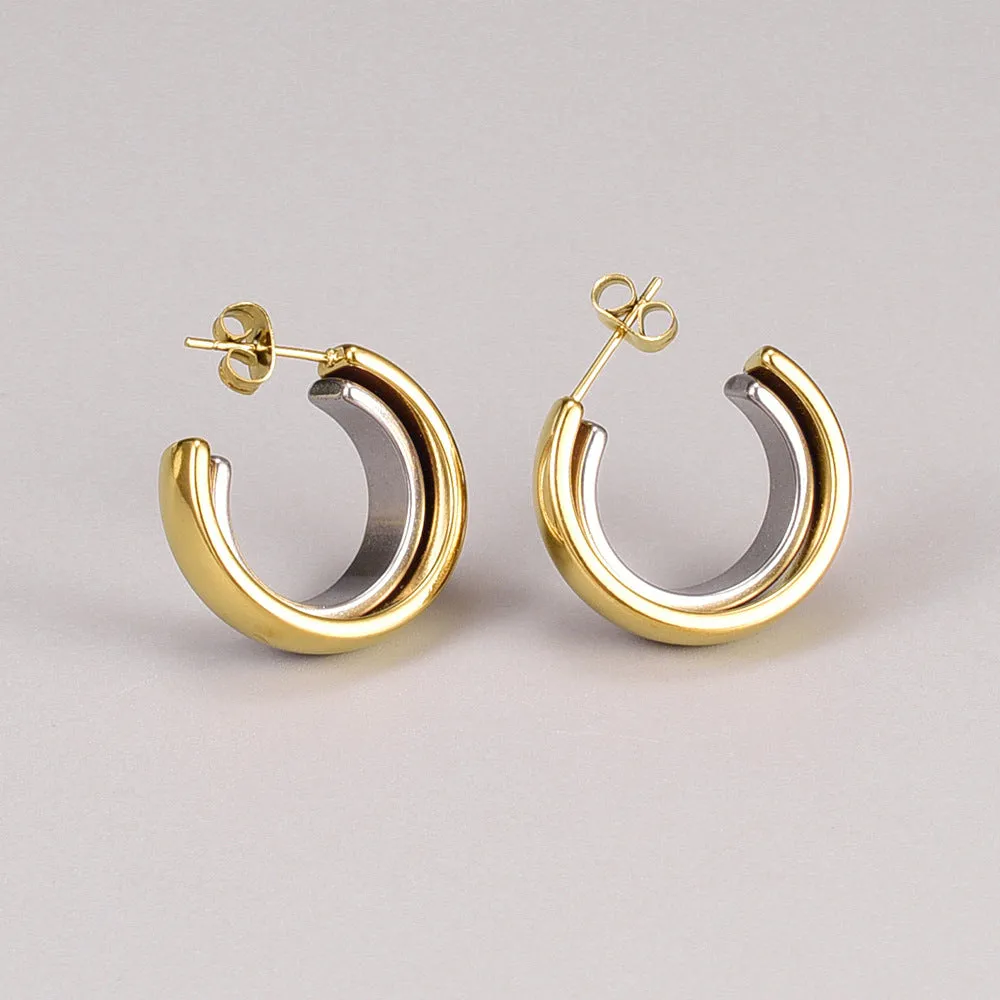 Wholesale Dual Color Overlapping Splicing Double Ring Gold-plated Earrings