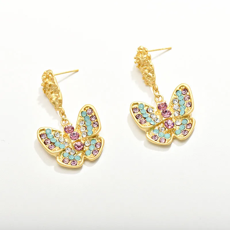 Wholesale Dumb Gold Full Diamond Butterfly Alloy Earrings