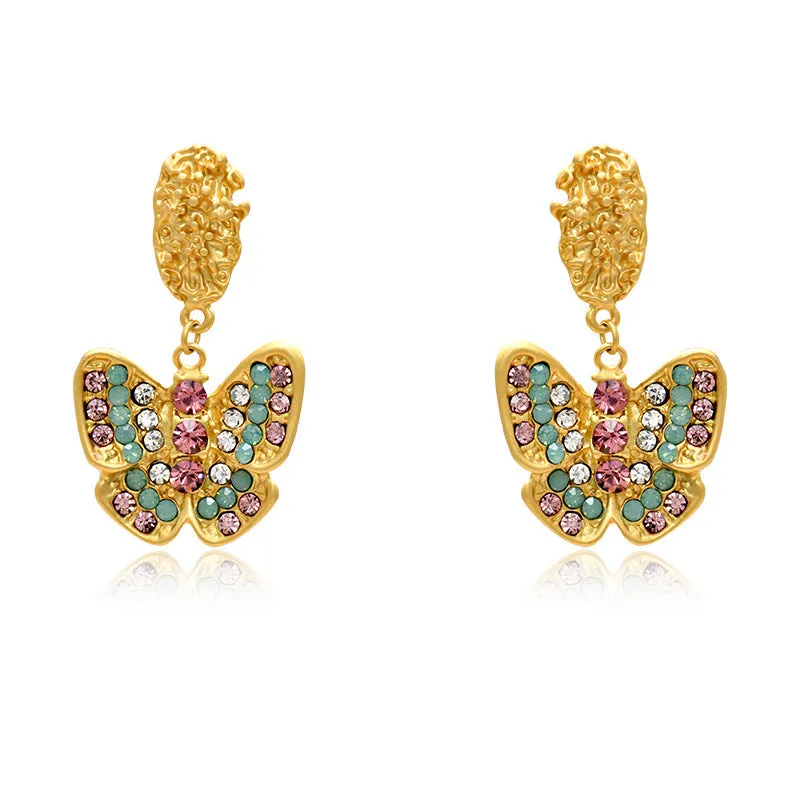 Wholesale Dumb Gold Full Diamond Butterfly Alloy Earrings
