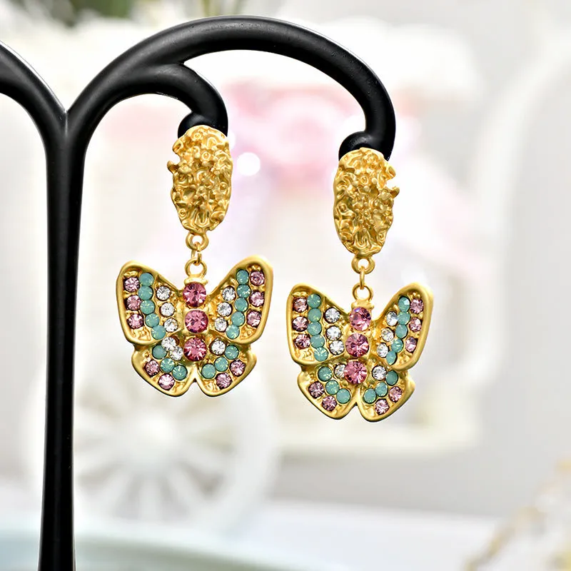 Wholesale Dumb Gold Full Diamond Butterfly Alloy Earrings