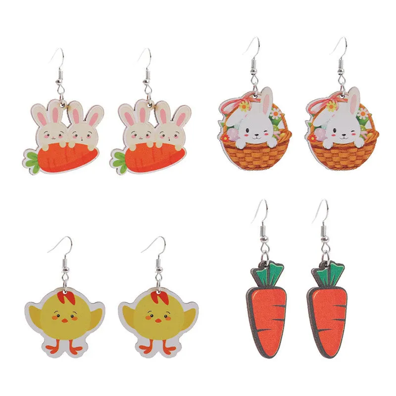 Wholesale Easter Bunny Flower Basket Printed Egg Chick Wooden Earrings