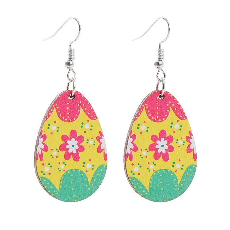 Wholesale Easter Bunny Flower Basket Printed Egg Chick Wooden Earrings