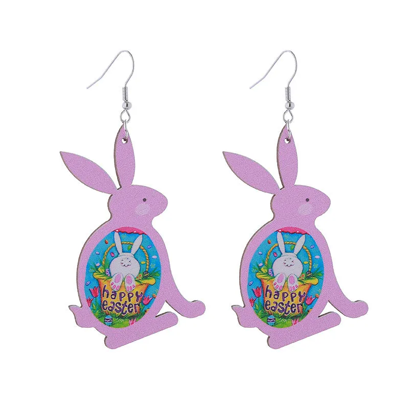 Wholesale Easter Bunny Flower Basket Printed Egg Wooden Earrings