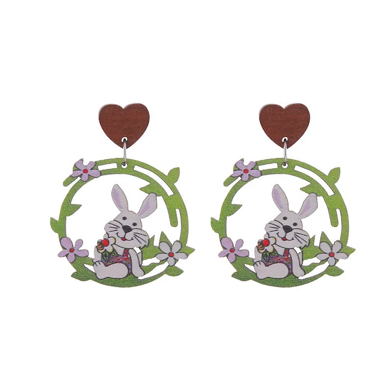 Wholesale Easter Bunny Flower Basket Printed Egg Wooden Earrings