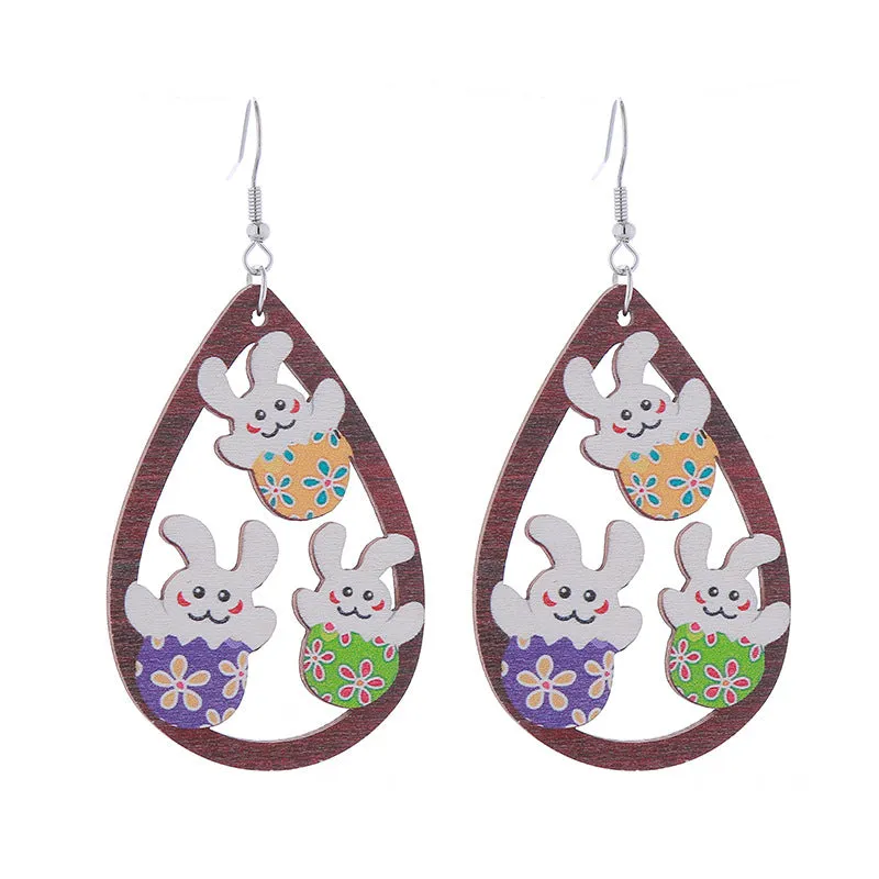 Wholesale Easter Bunny Flower Basket Printed Egg Wooden Earrings