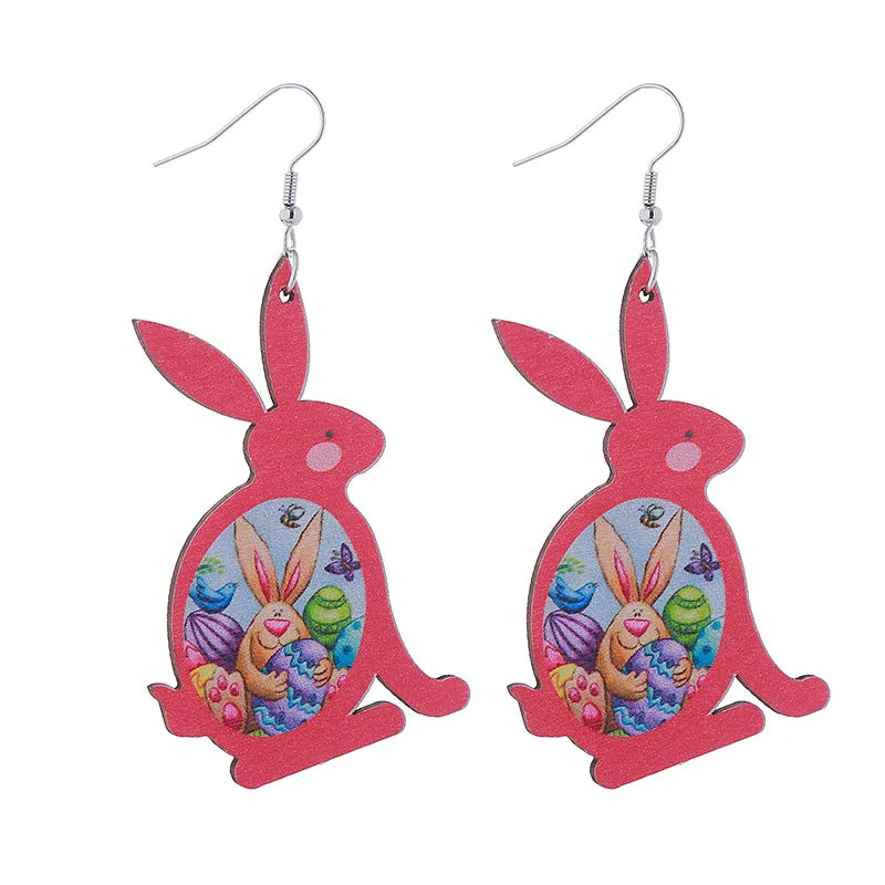 Wholesale Easter Bunny Flower Basket Printed Egg Wooden Earrings