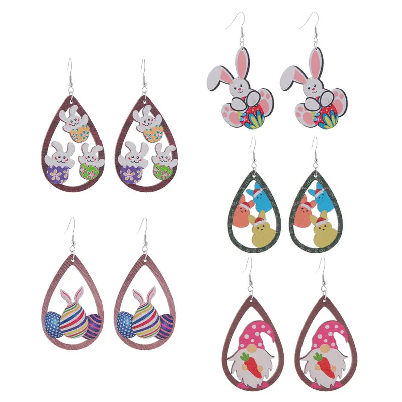 Wholesale Easter Bunny Flower Basket Printed Egg Wooden Earrings