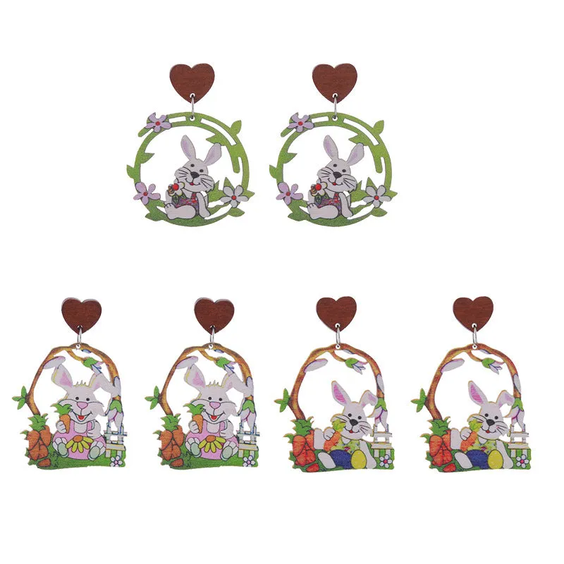Wholesale Easter Bunny Flower Basket Printed Egg Wooden Earrings