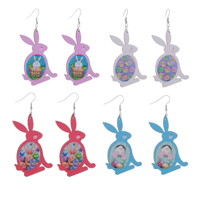 Wholesale Easter Bunny Flower Basket Printed Egg Wooden Earrings